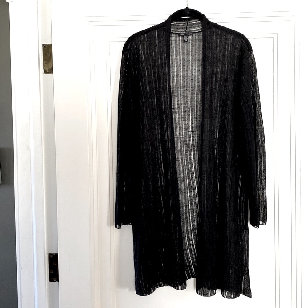 DEAL! Semi-sheer long black open linen cardigan by Eileen Fisher